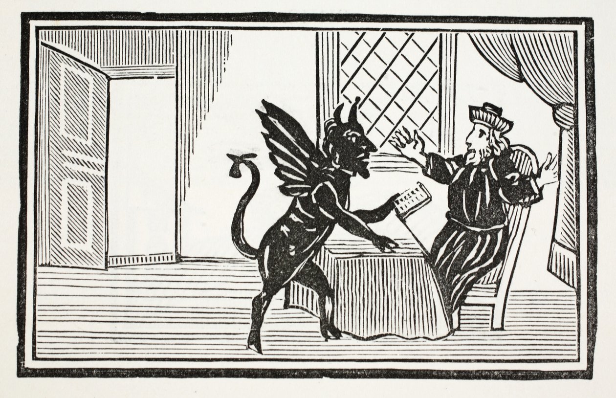 Faustus gewaarschuwd door de Geest om zijn einde te verwachten, illustratie uit Chap-books of the Eighteenth Century door John Ashton, gepubliceerd 1882 door English School