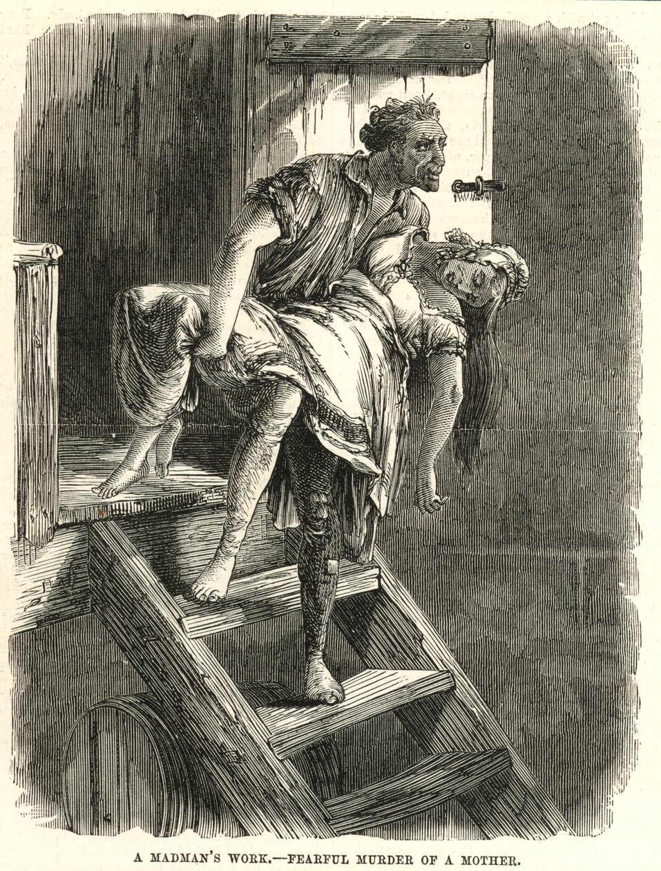Angstige moord op een moeder (gravure) door English School