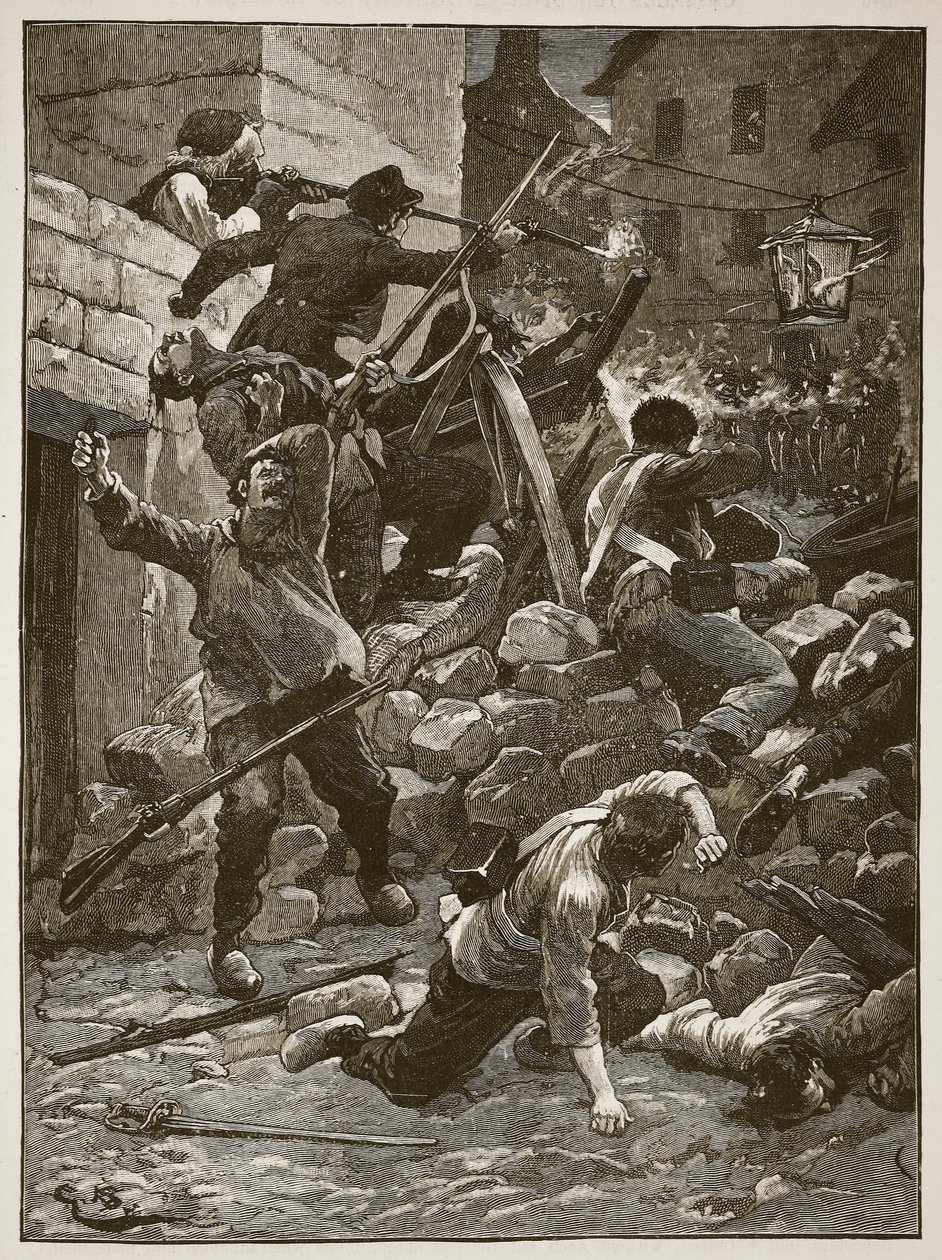 Gevechten bij de barricades in Parijs, illustratie uit Cassells Geïllustreerde Geschiedenis van Engeland door English School