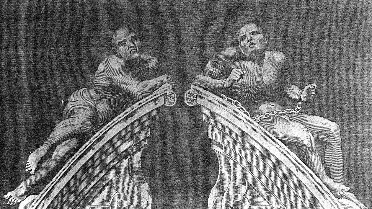 Figuren boven de poort van Bethlehem Hospital, gegraveerd door A. Birrell voor Lamberts Geschiedenis van Londen, 1805 door English School