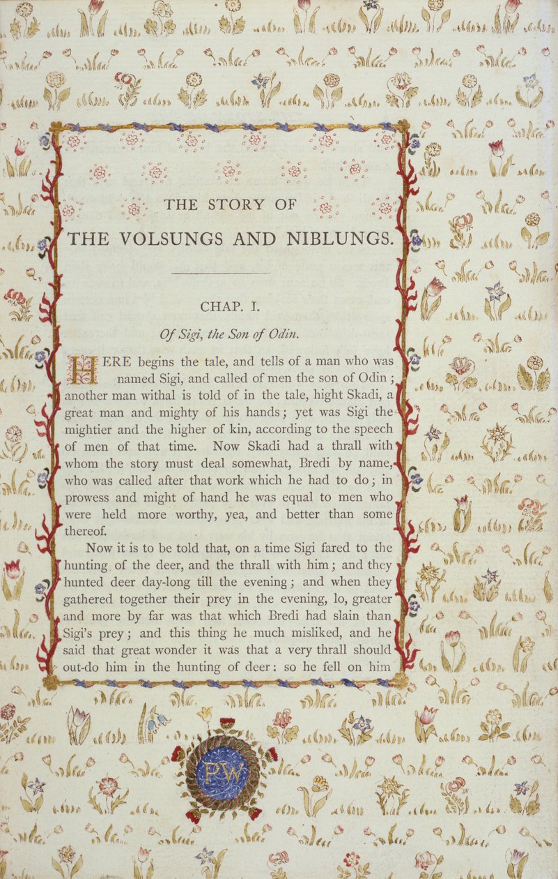 Eerste pagina uit Het Verhaal van De Volsungs en Niblungs, ca. 1870 door English School