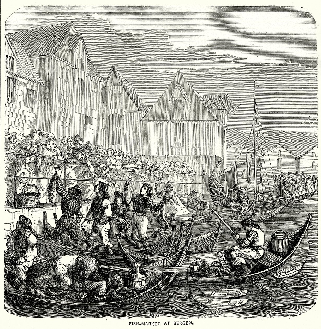Vismarkt in Bergen (gravure) door English School
