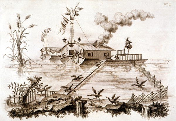 Vissen met aalscholvers met behulp van een waterboot en omheind gebied, illustratie uit 