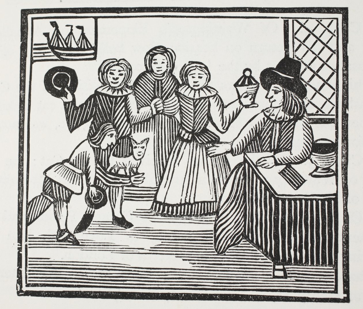 Fitzwarren ontvangt de ondernemingen van zijn dienaren, illustratie uit Chap-books van de achttiende eeuw door John Ashton, uitgegeven 1882 door English School
