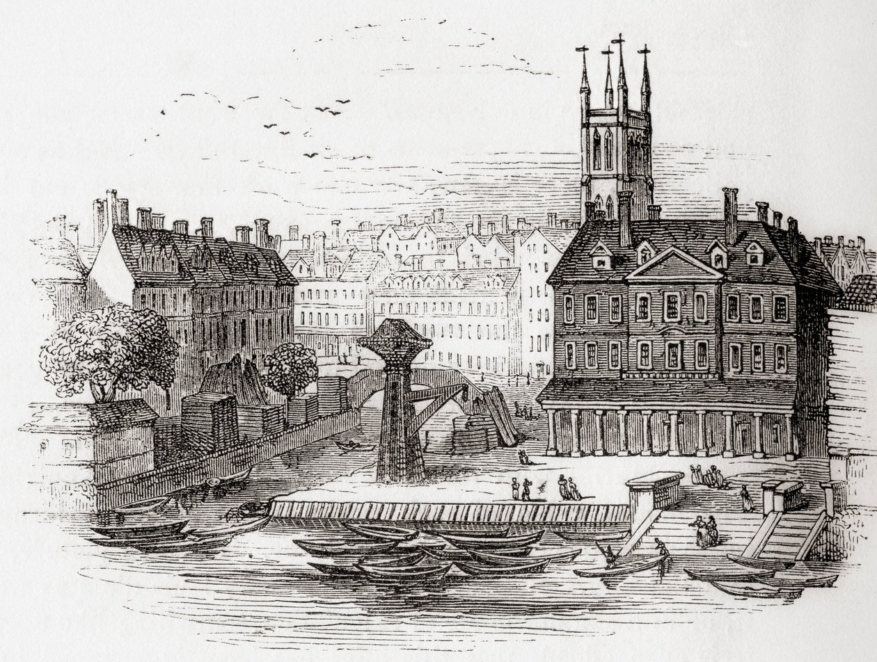Fleet Ditch, Londen, Engeland in 1749 op het punt waar het uitmondde in de Theems bij Bridewell, uit Old England: A Pictorial Museum, uitgegeven 1847 door English School