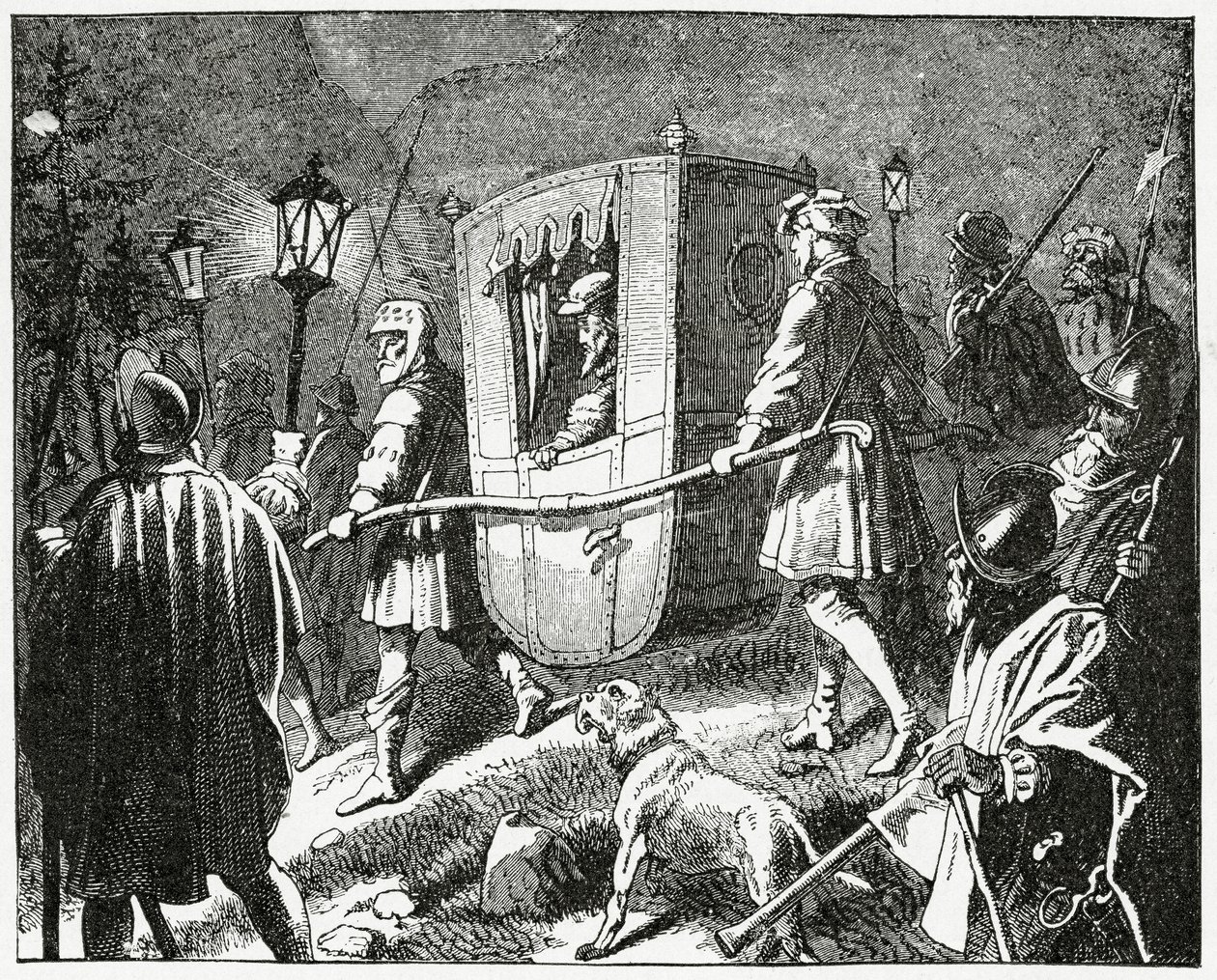 Vlucht van Keizer Karel V in 1552 voor de Protestantse Lutherse troepen onder leiding van keurvorst Maurits van Saksen, 1882 door English School
