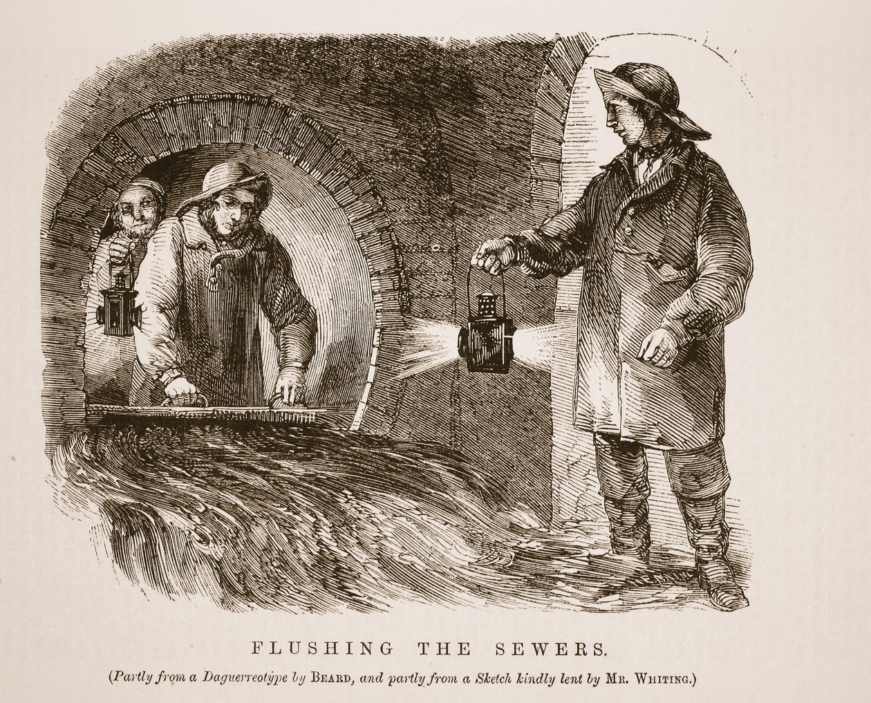 Het doorspoelen van de riolen, deels van de daguerreotypie door Richard Beard en deels van een schets vriendelijk geleend door Mr. Whiting, illustratie uit London Labour and London Poor door Henry Mayhew, uitgegeven 1862 door English School