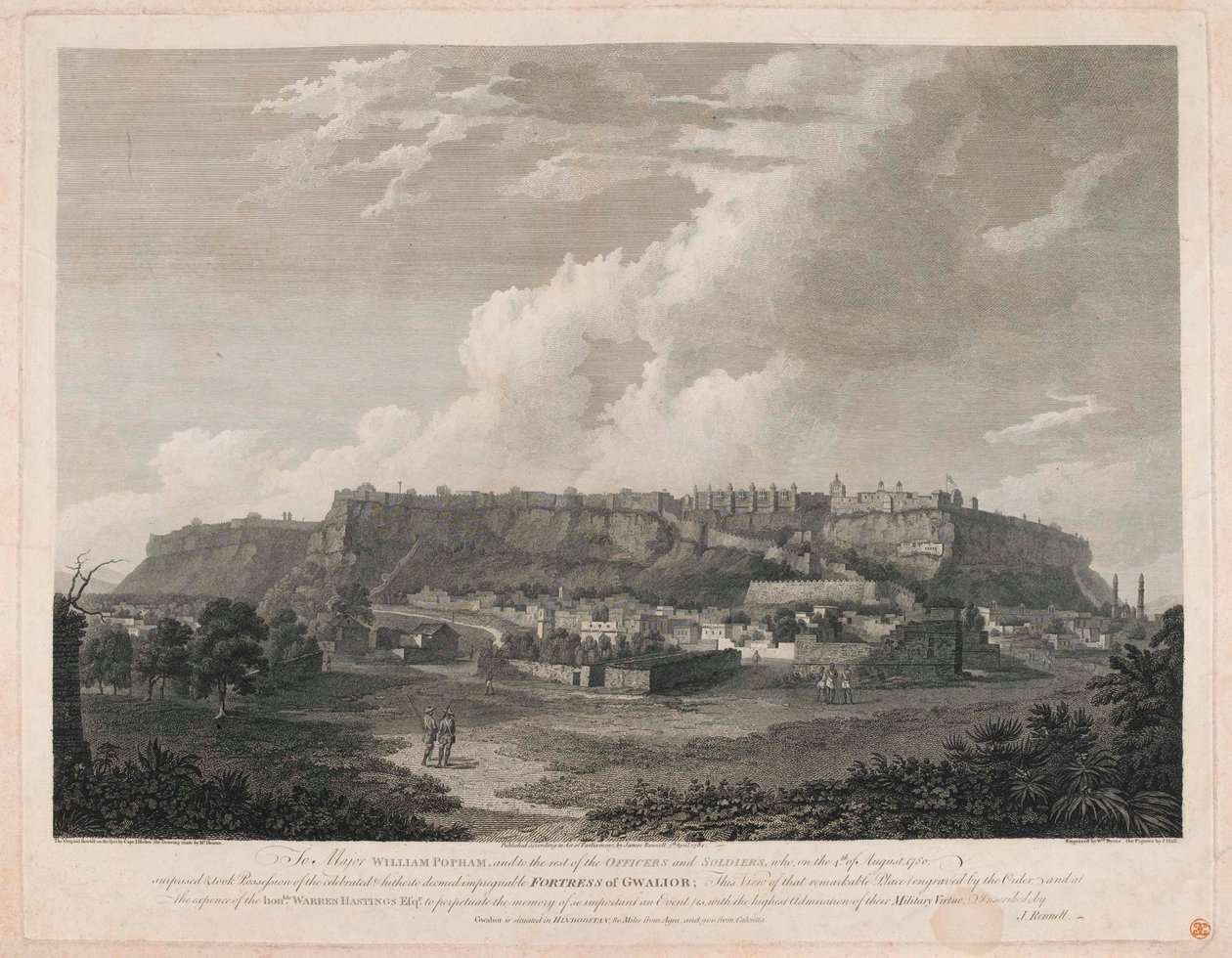Fort van Gwalior (lijngravure, gekleurd) door English School