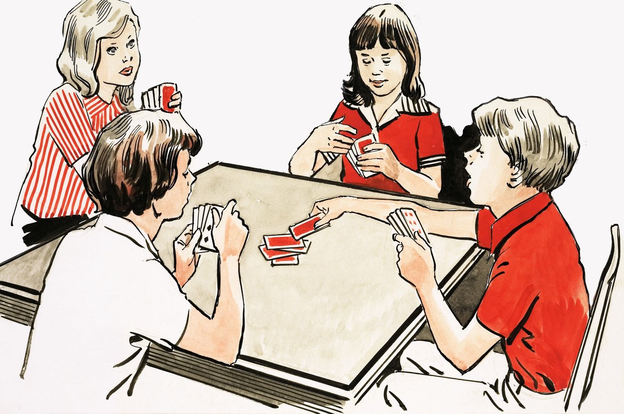 Vier kinderen aan het kaarten door English School