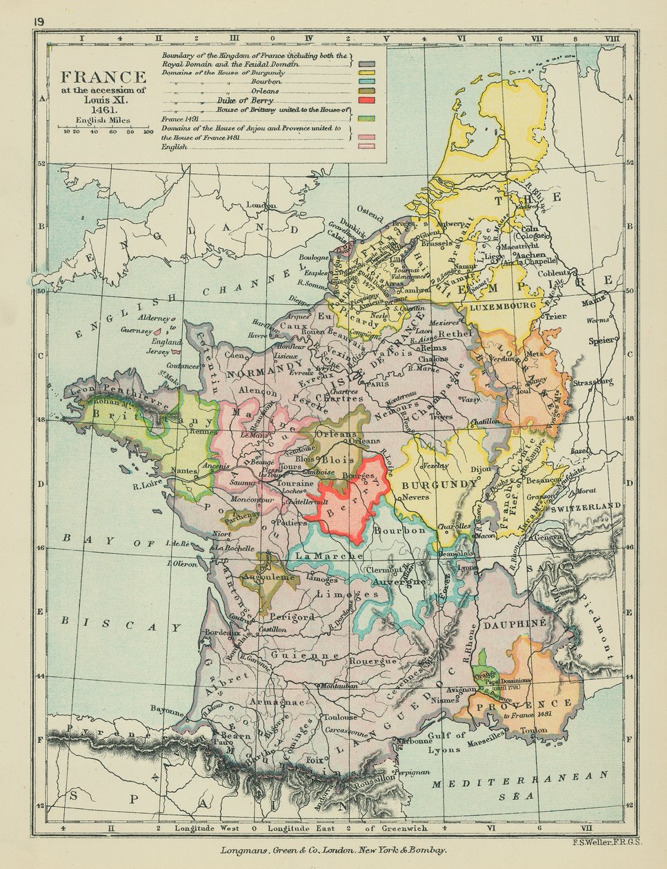 Frankrijk bij de troonsbestijging van Lodewijk XI (kleurenlitho) door English School