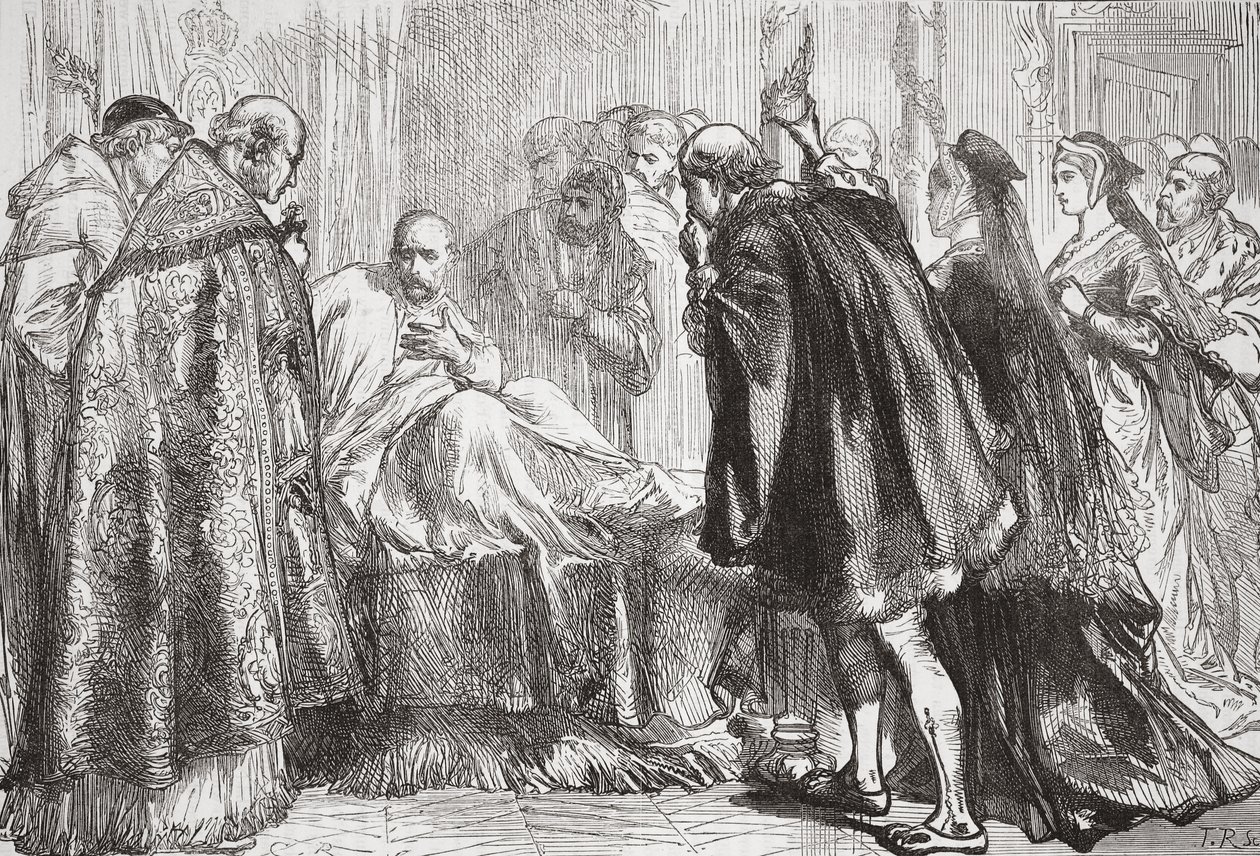 Frans I op zijn sterfbed, illustratie uit De Geschiedenis van het Protestantisme door James Aitken Wylie, gepubliceerd in 1878 door English School