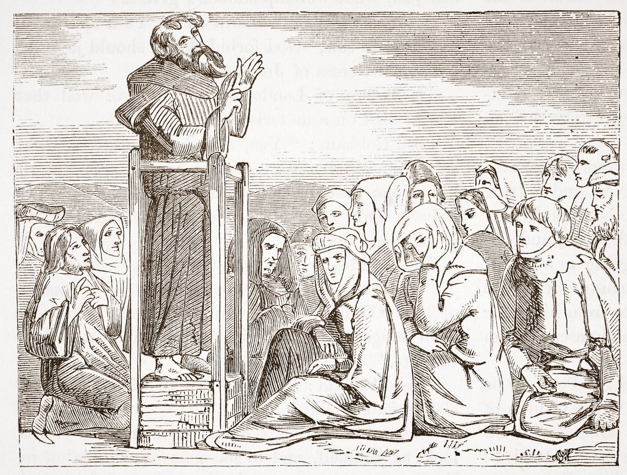 Monnik preekt vanuit een verplaatsbare preekstoel, illustratie uit De Geschiedenis van het Protestantisme door James Aitken Wylie, 1878 door English School