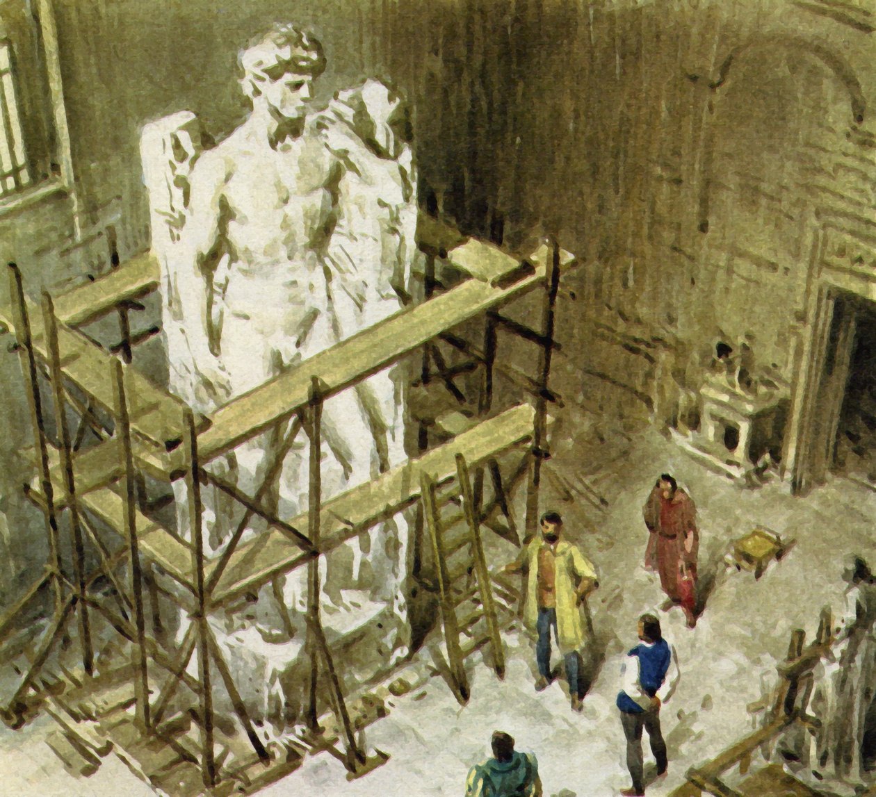 Uit een enorm blok marmer creëerde Michaelangelo David (kleurenlitho) door English School