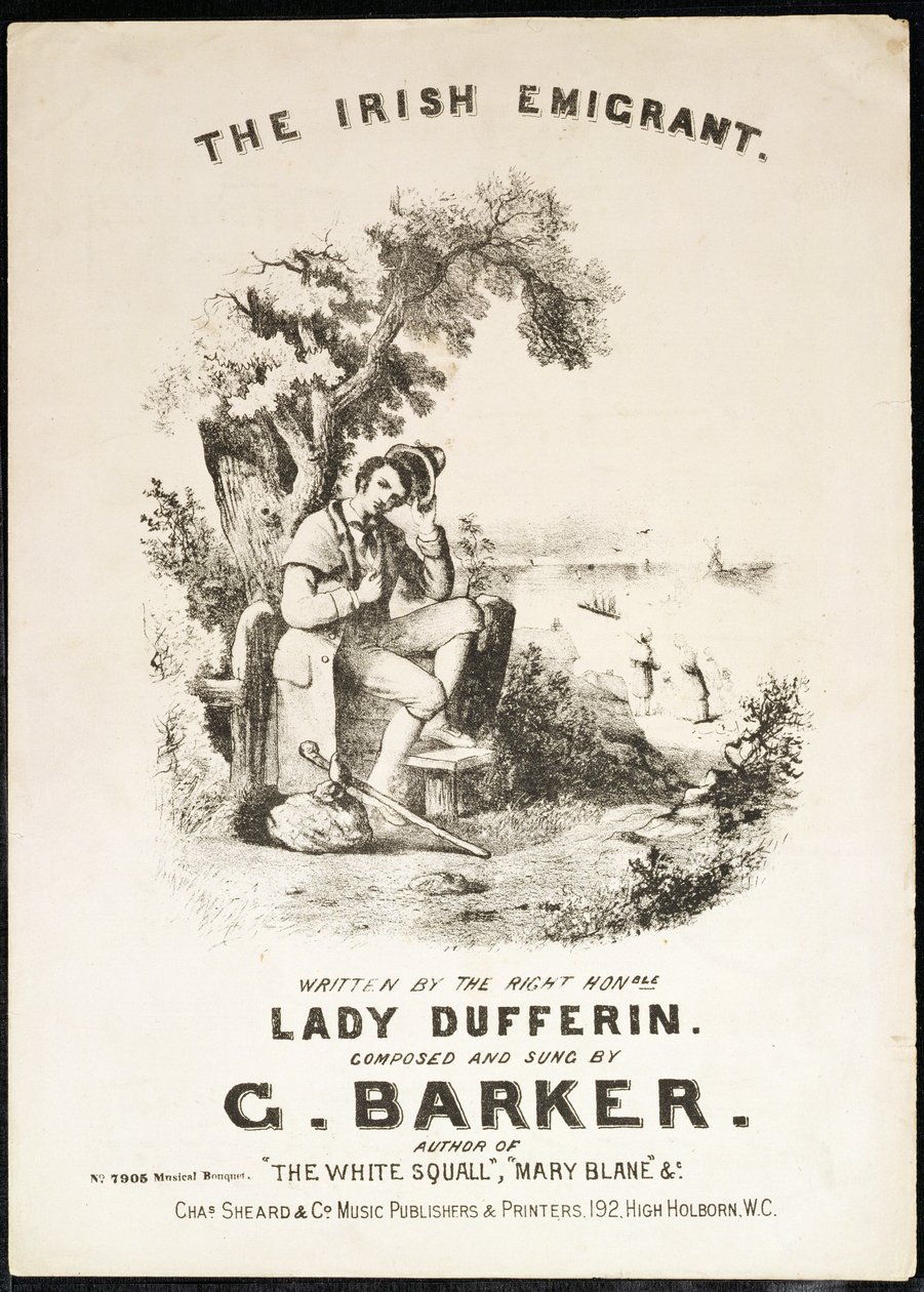 Voorkant van de partituur voor The Irish Immigrant, geschreven door Lady Dufferin, gecomponeerd door G. Barker door English School
