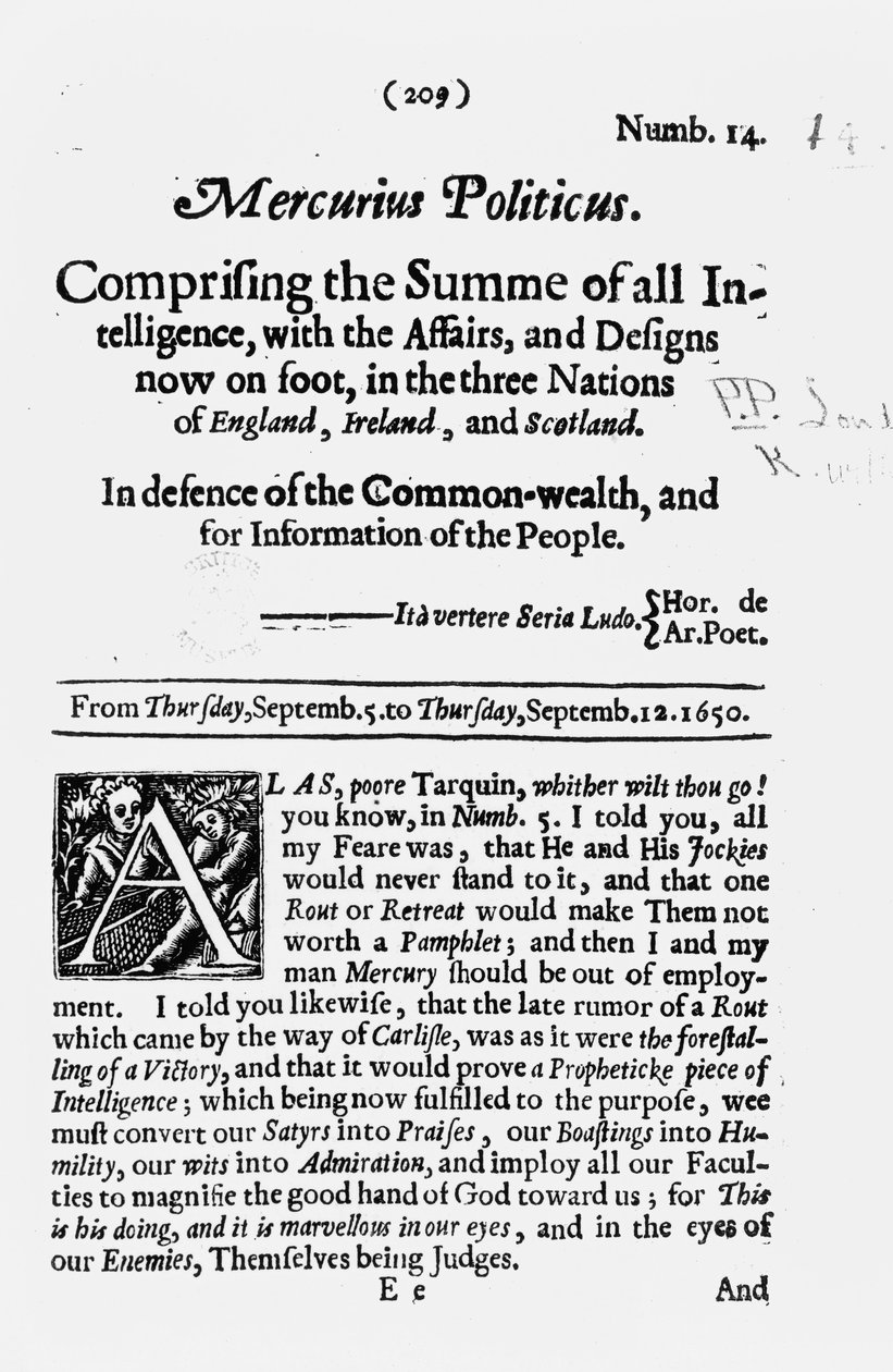 Voorpagina, uit Mercurius Politicus, ter verdediging van het Gemenebest en voor informatie van het volk, 1650 door English School
