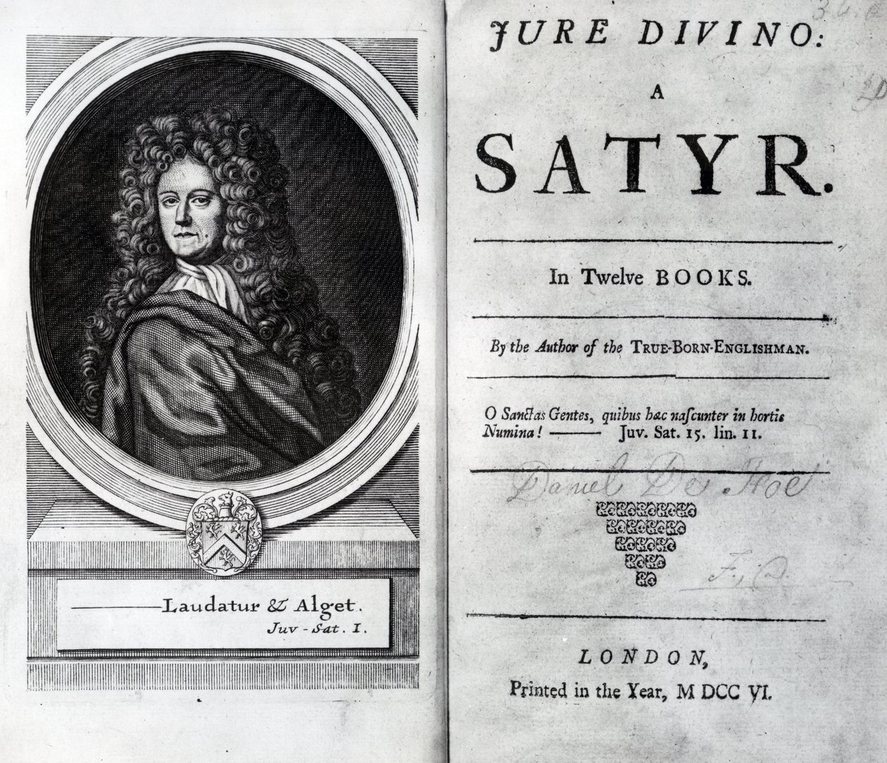 Frontispice en Titelpagina voor Jure Divino: A Satyr door Daniel Defoe, gepubliceerd 1706 door English School