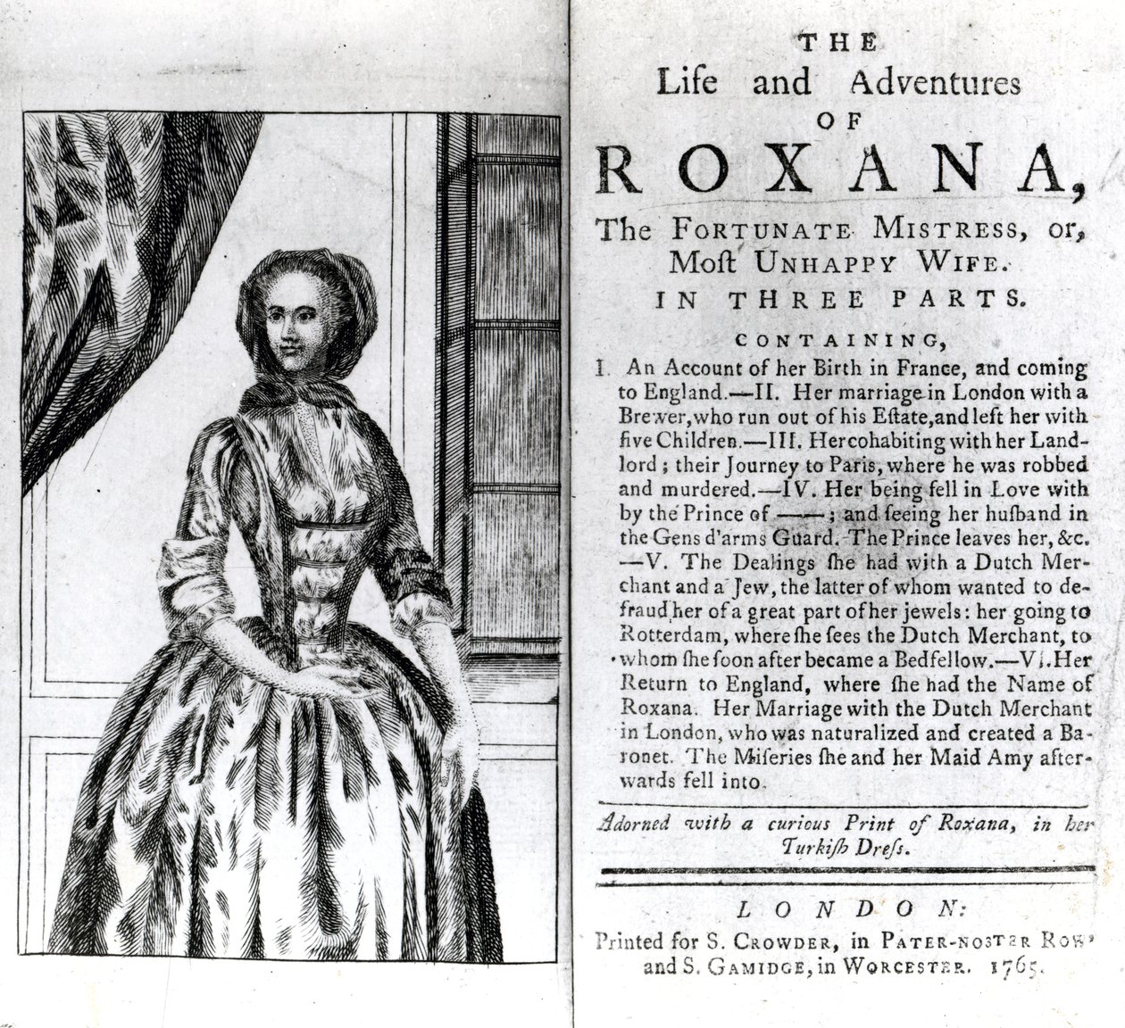 Frontispice en Titelpagina voor The Life and Adventures of Roxana door Daniel Defoe, gepubliceerd 1765 door English School