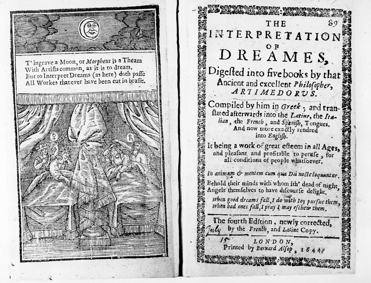 Frontispice en titelpagina van De interpretatie van dromen door Artemidorus, Engelse editie gepubliceerd in 1644 door English School