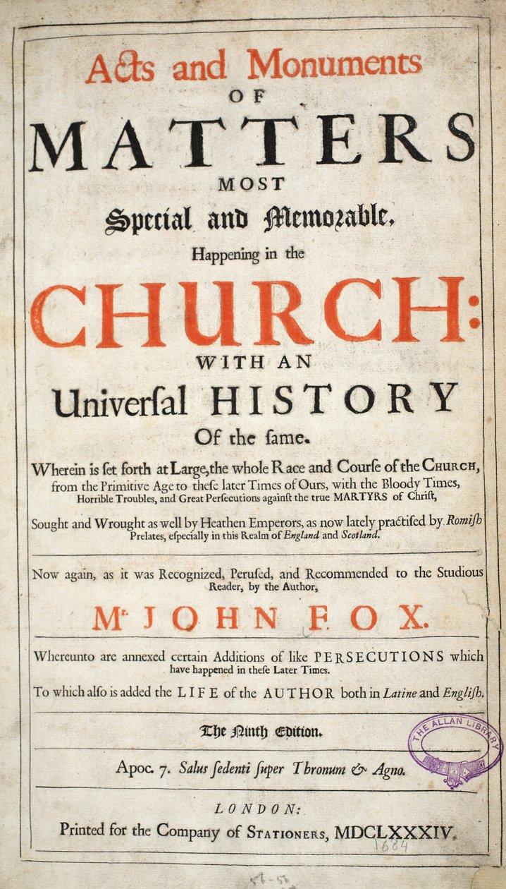 Frontispice, uit Handelingen en Monumenten van John Foxe, negende editie, uitgegeven 1684 door English School