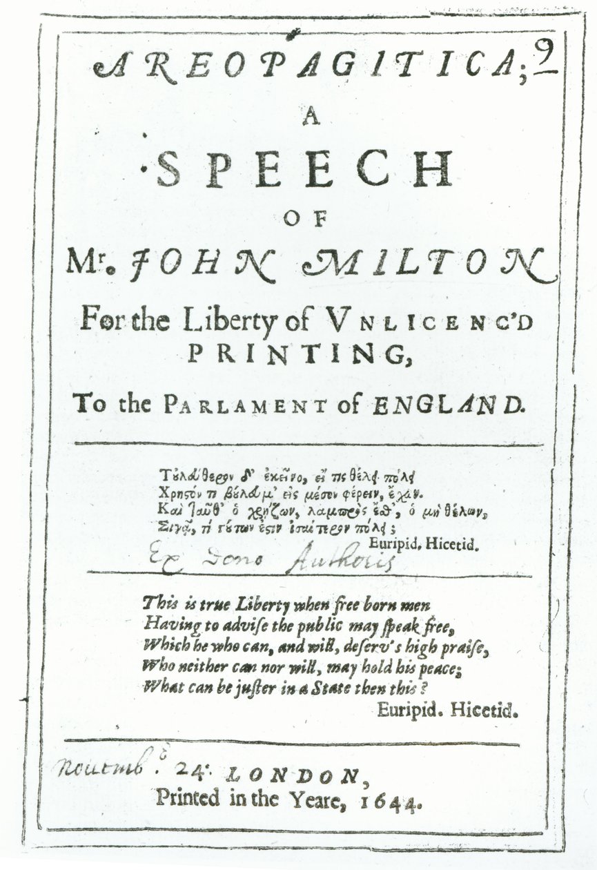 Frontispice van Areopagitica, een toespraak van John Milton, uitgegeven in 1644 door English School
