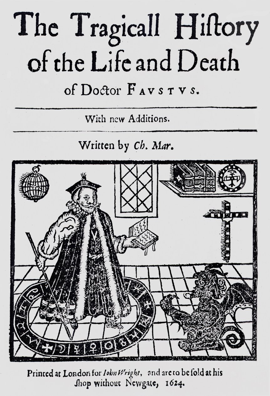 Frontispice van The Tragicall History of the Life and Death of Doctor Faustus, door Christopher Marklin, c.1616 door English School
