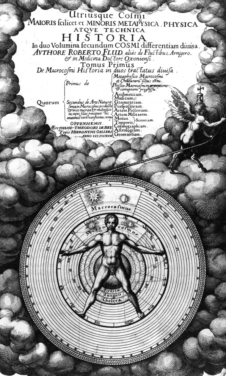 Frontispice van Utriusque Cosmi Historia door Robert Fludd, Deel I, gepubliceerd in 1617 door English School