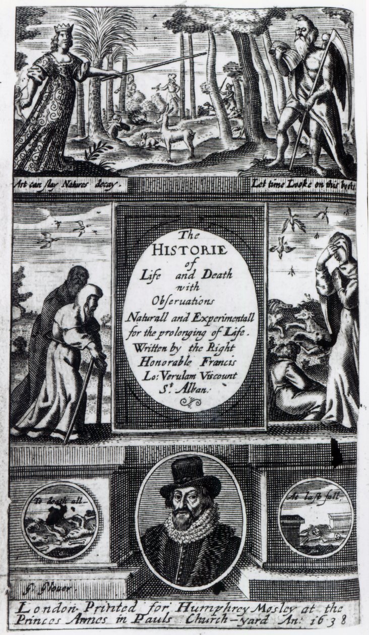 Frontispice van Francis Bacons The History of Life and Death, gepubliceerd in 1638 door English School