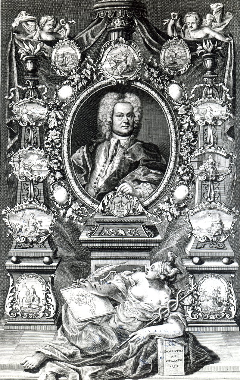 Frontispice voor Maritieme Geschiedenis van Engeland door Thomas Lediard, gepubliceerd in 1735 door English School