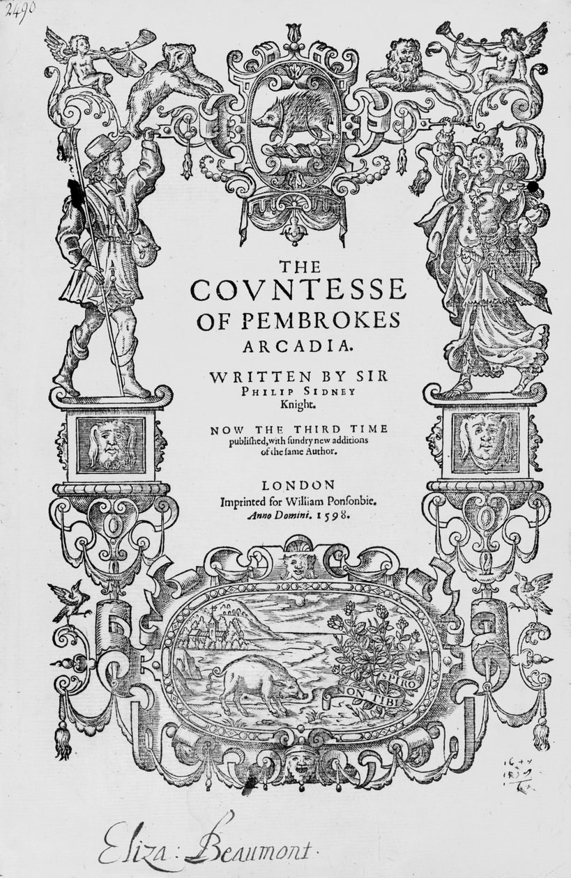 Frontispice voor The Countess of Pembrokes Arcadia, 1592, door Sir Philip Sidney (1554-86), Derde editie, pub.1598 door English School