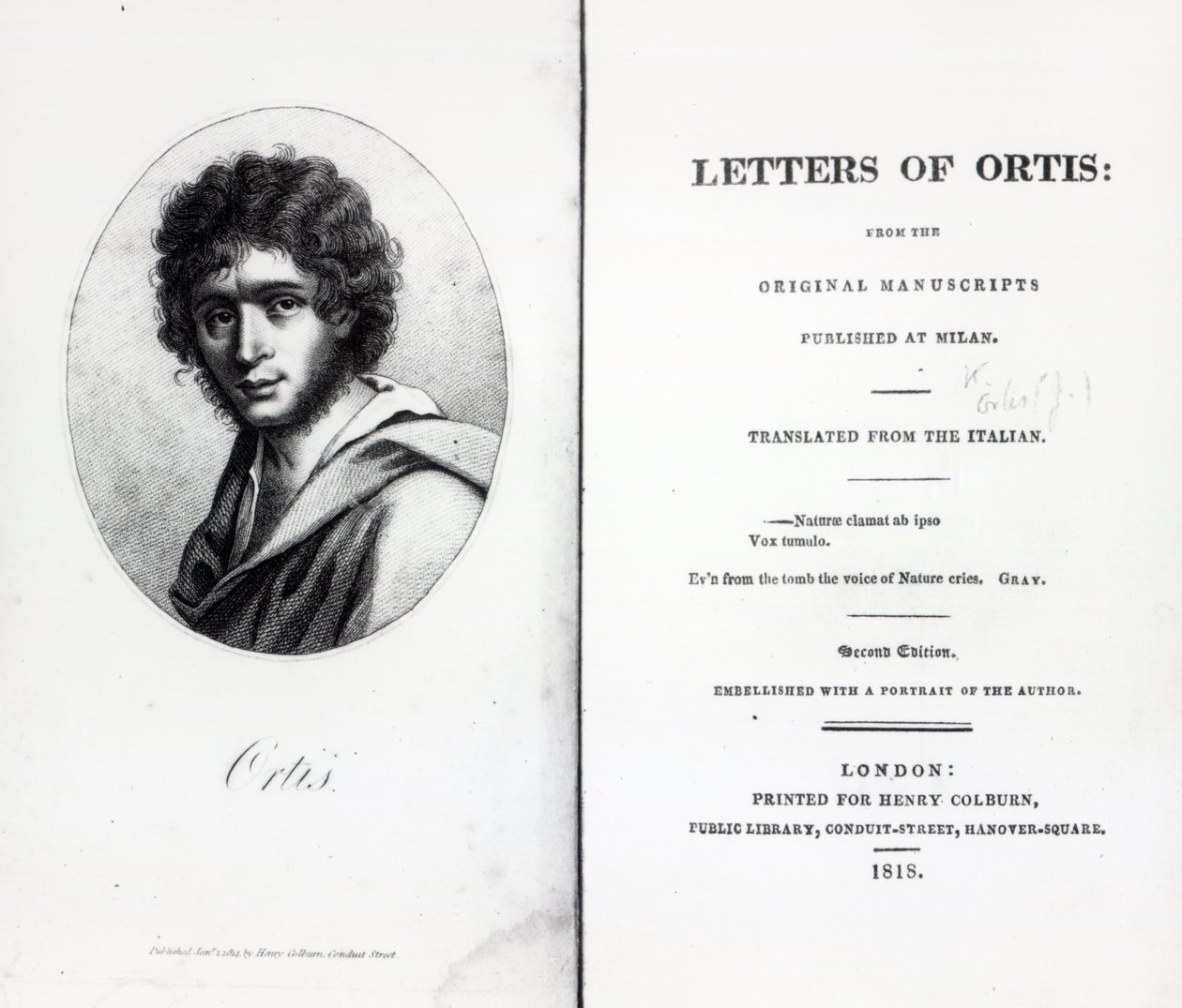 Frontispice van The Letters of Ortis door Niccolo Ugo Foscolo, editie gepubliceerd in 1818 door English School