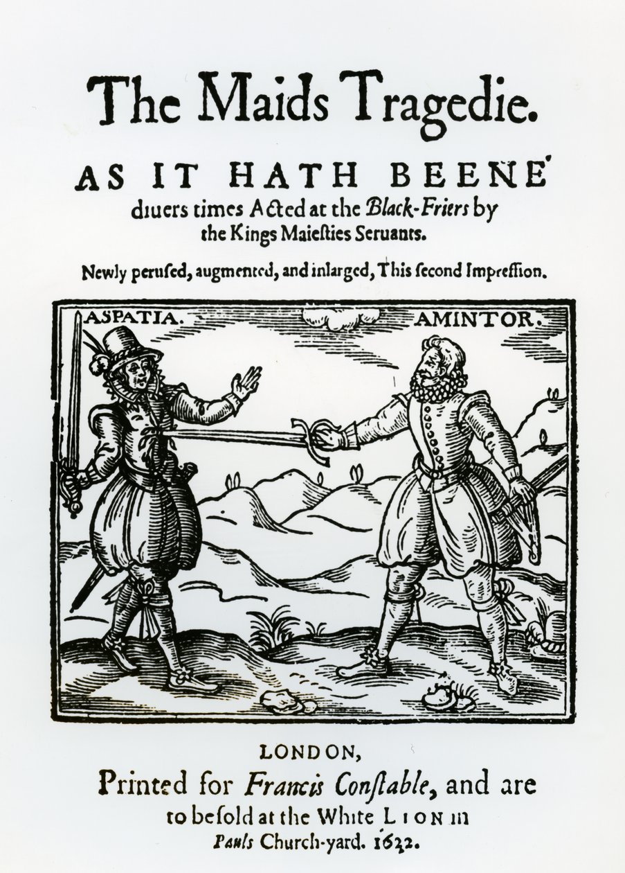 Frontispice van The Maids Tragedy door Sir Francis Beaumont (1584-1616) en John Fletcher (1579-1625) 1622 door English School
