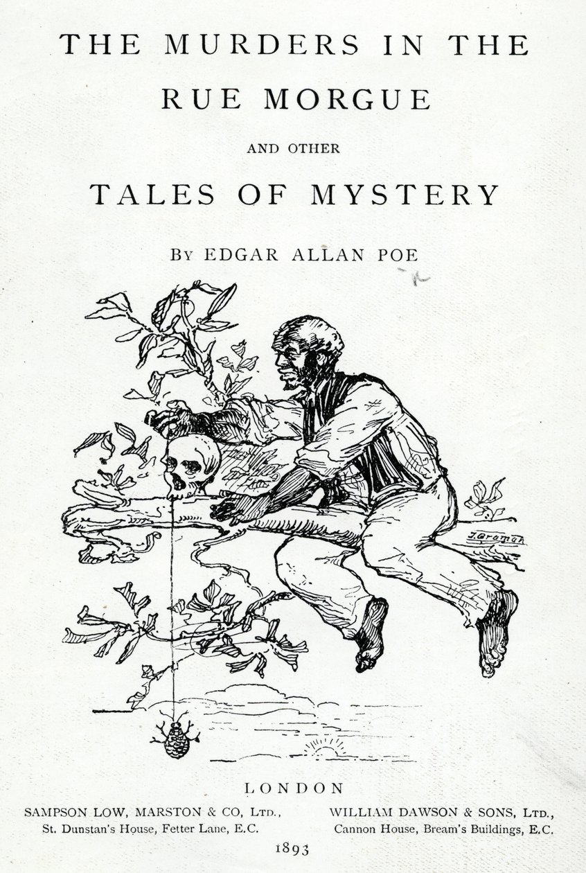 Frontispice van The Murders in the Rue Morgue and other Tales of Mystery door Edgar Allan Poe, gepubliceerd in 1893 door English School