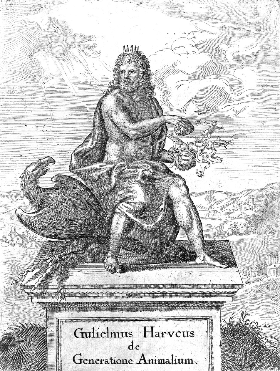 Frontispice van William Harveys De Generatione Animalium, gepubliceerd in 1651 door English School