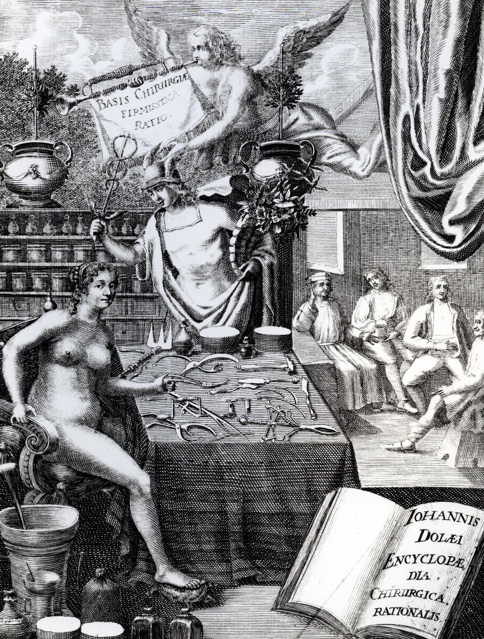 Frontispice voor een Encyclopedie van Chirurgische Gedachten door John Dolaeus door English School