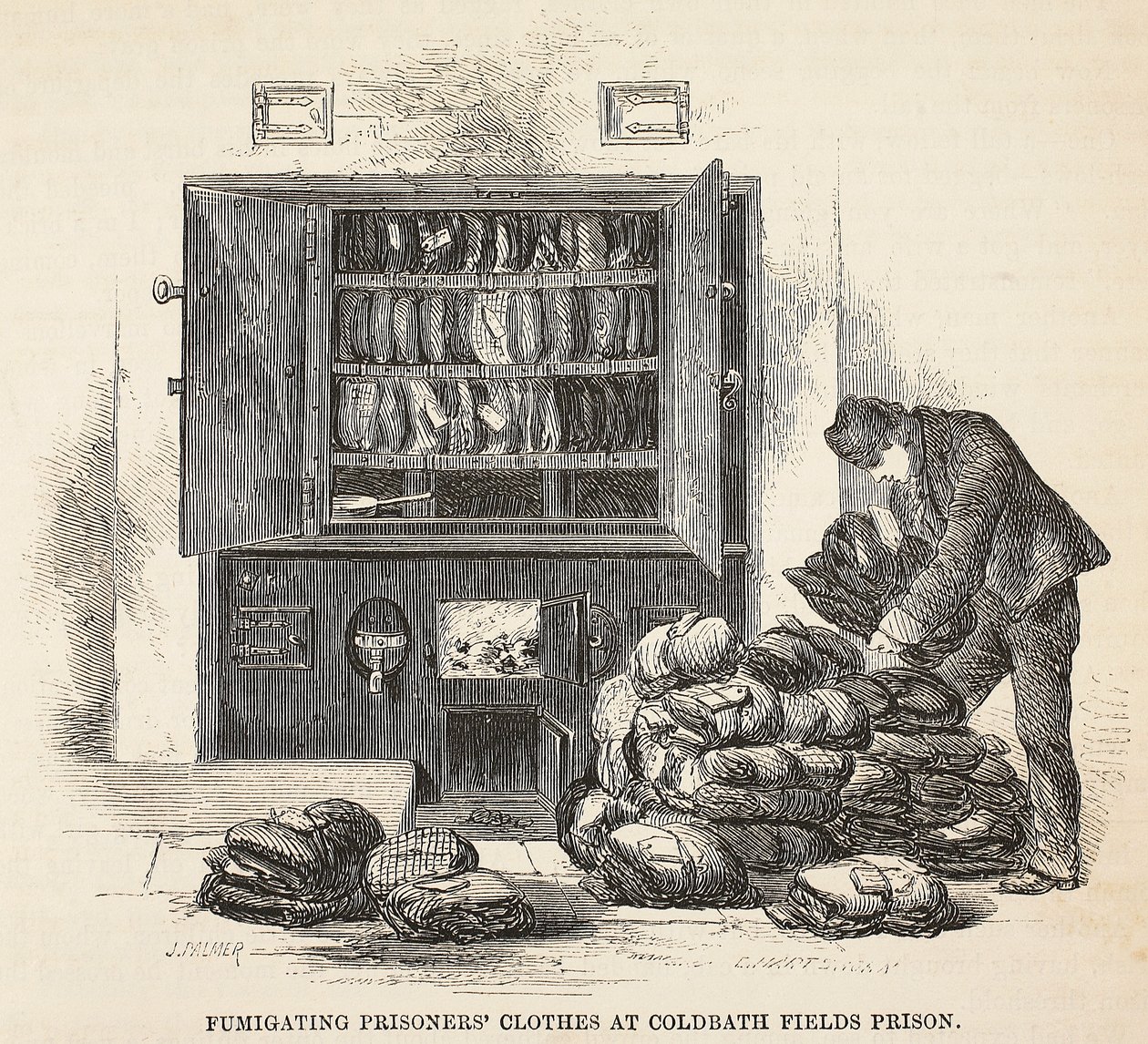 Kleding van gevangenen ontsmetten in Coldbath Fields Prison, illustratie uit The Criminal Prisons of London and Scenes from Prison Life door Henry Mayhew en John Binny, uitgegeven in 1862 door English School