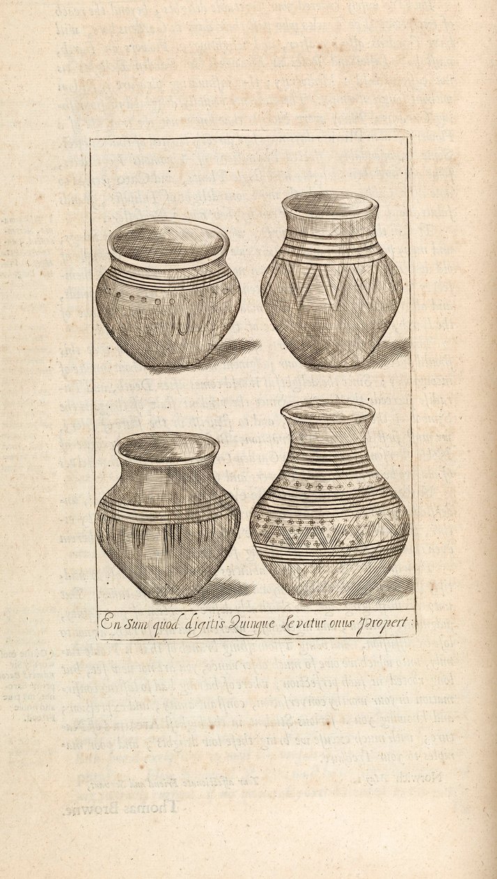 Funeraire urnen, illustratie uit Werken door Thomas Brown, Londen 1686 door English School
