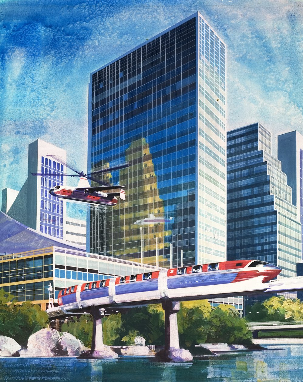 Futuristische monorail en helikopter door English School