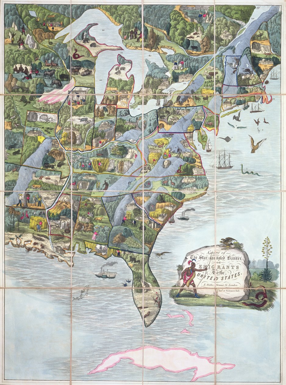 Spel van de Star-Spangled Banner of Emigranten naar de Verenigde Staten, bordspel ca. 1860 door English School