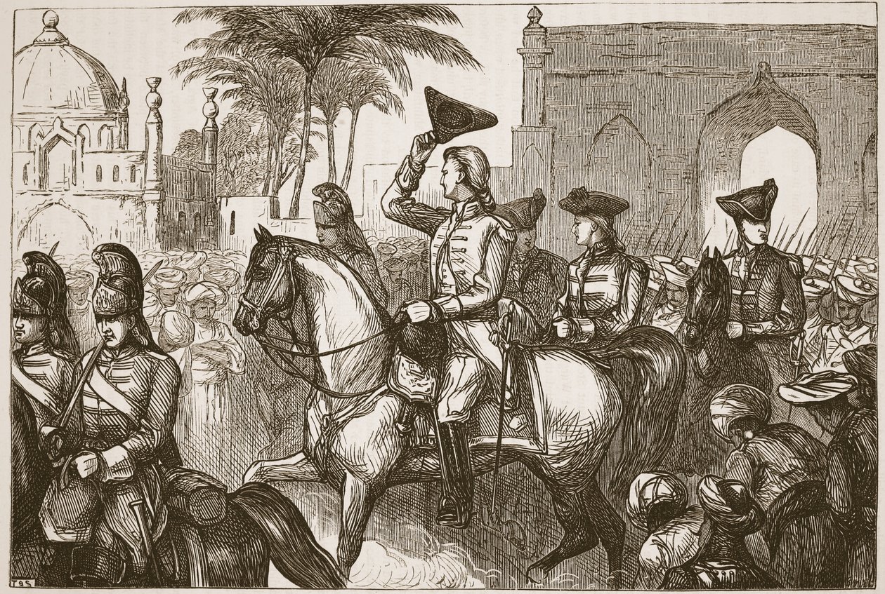 Generaal Goddard betreedt Surat, illustratie uit Cassells Geïllustreerde Geschiedenis van India door James Grant, uitgegeven 1879 door English School