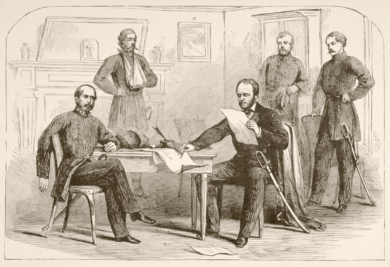 Generaal Joseph Eggleston Johnston geeft het leger van Tennessee over aan Generaal William Tecumseh Sherman (litho) door English School