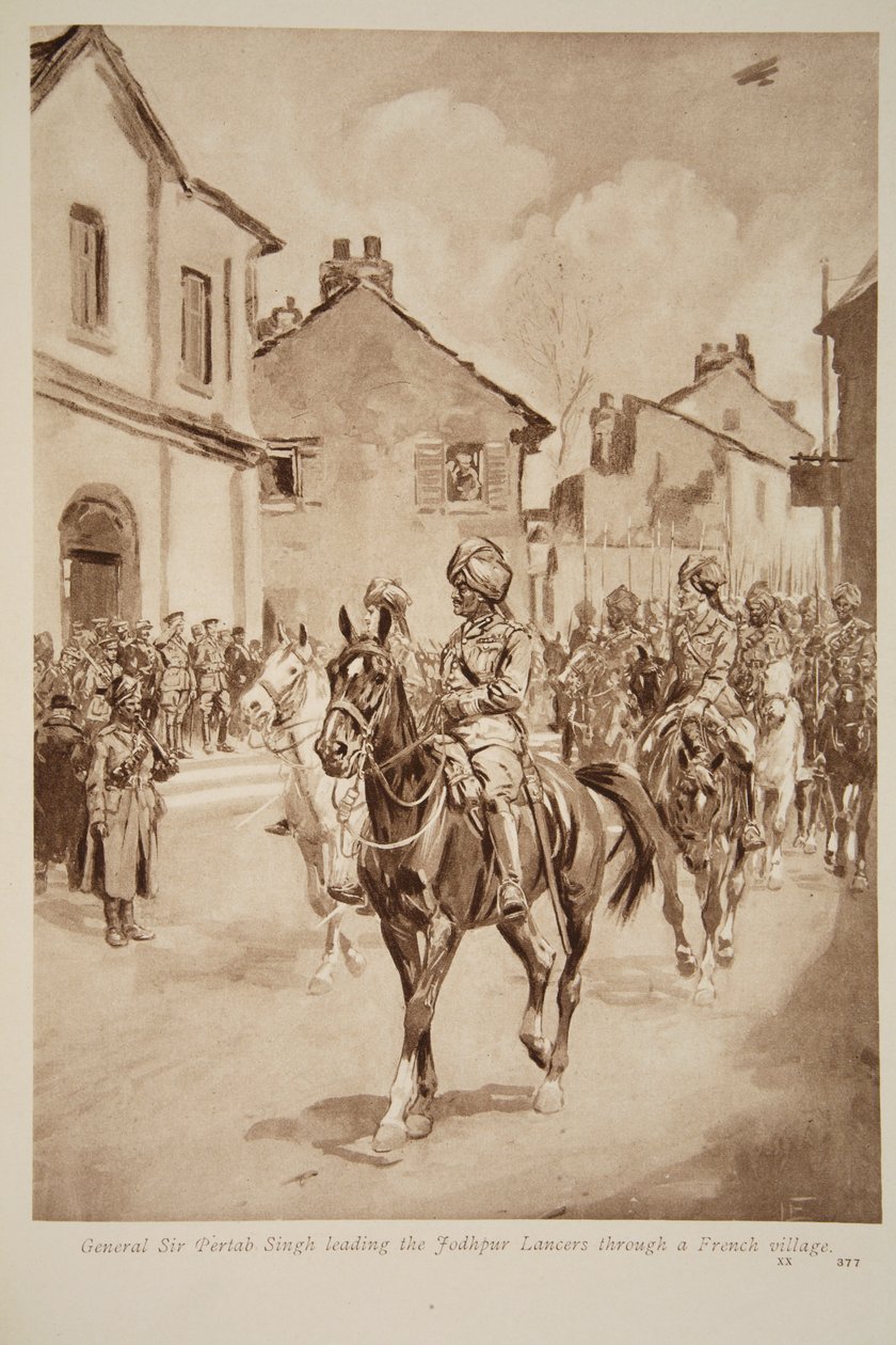 Generaal Sir Pertab Singh leidt de Jodhpur Lancers door een Frans dorp door English School