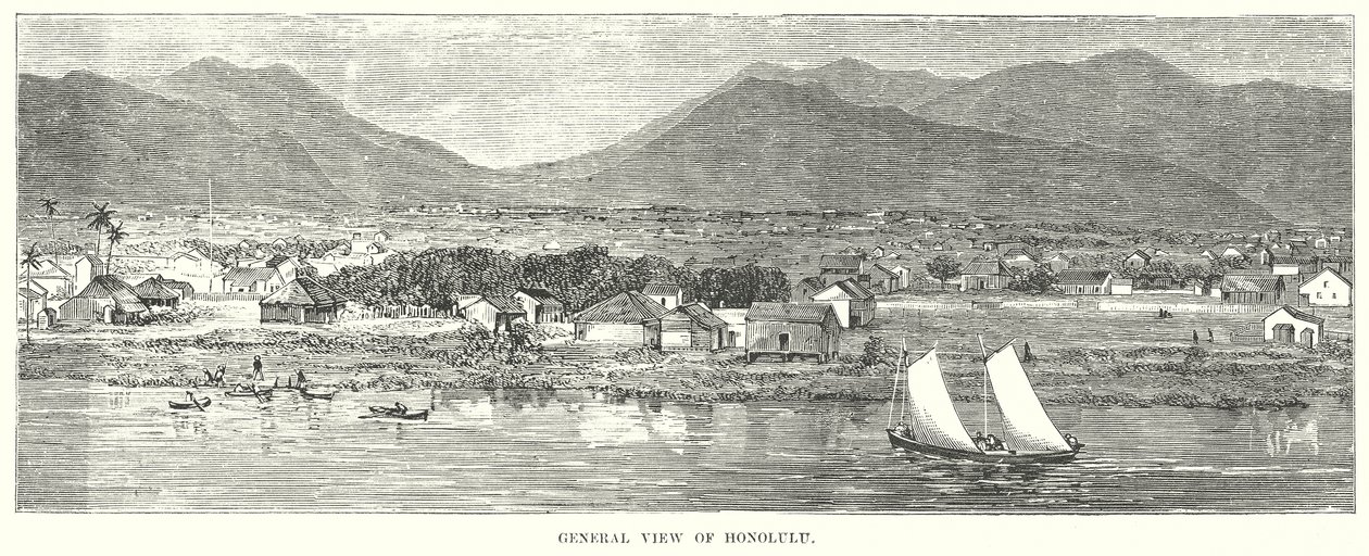 Algemeen overzicht van Honolulu (gravure) door English School