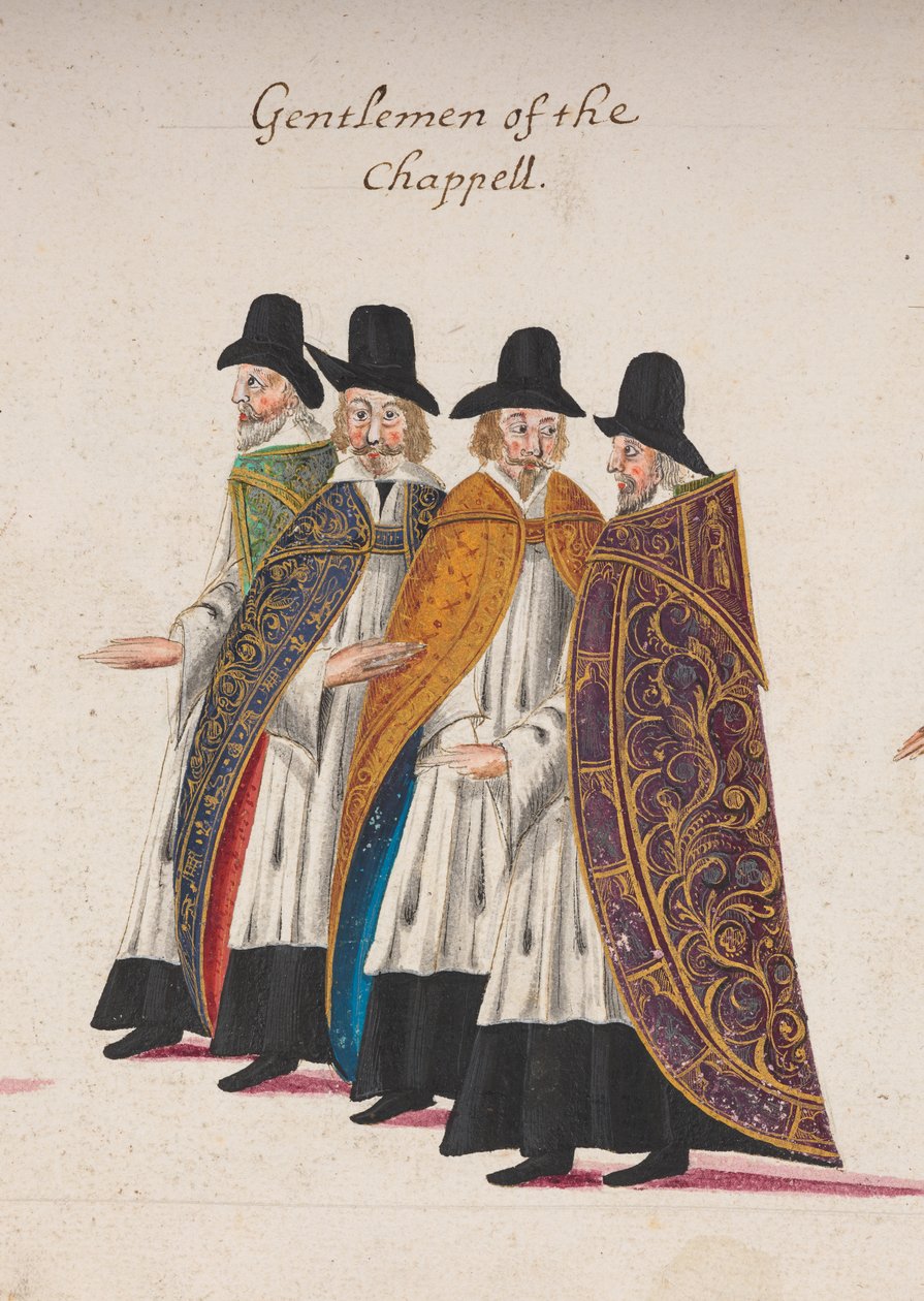 Heren van de kapel, detail van een deel van de begrafenisstoet van koningin Elizabeth I naar Westminster Abbey, 28 april 1603 door English School