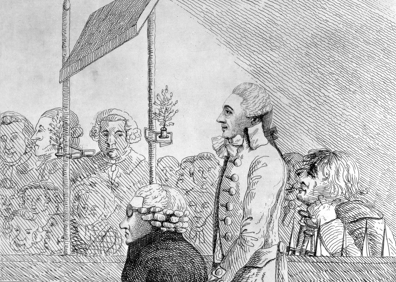 George Barrington getekend uit het leven tijdens zijn proces in de Old Bailey op vrijdag 17 september door English School