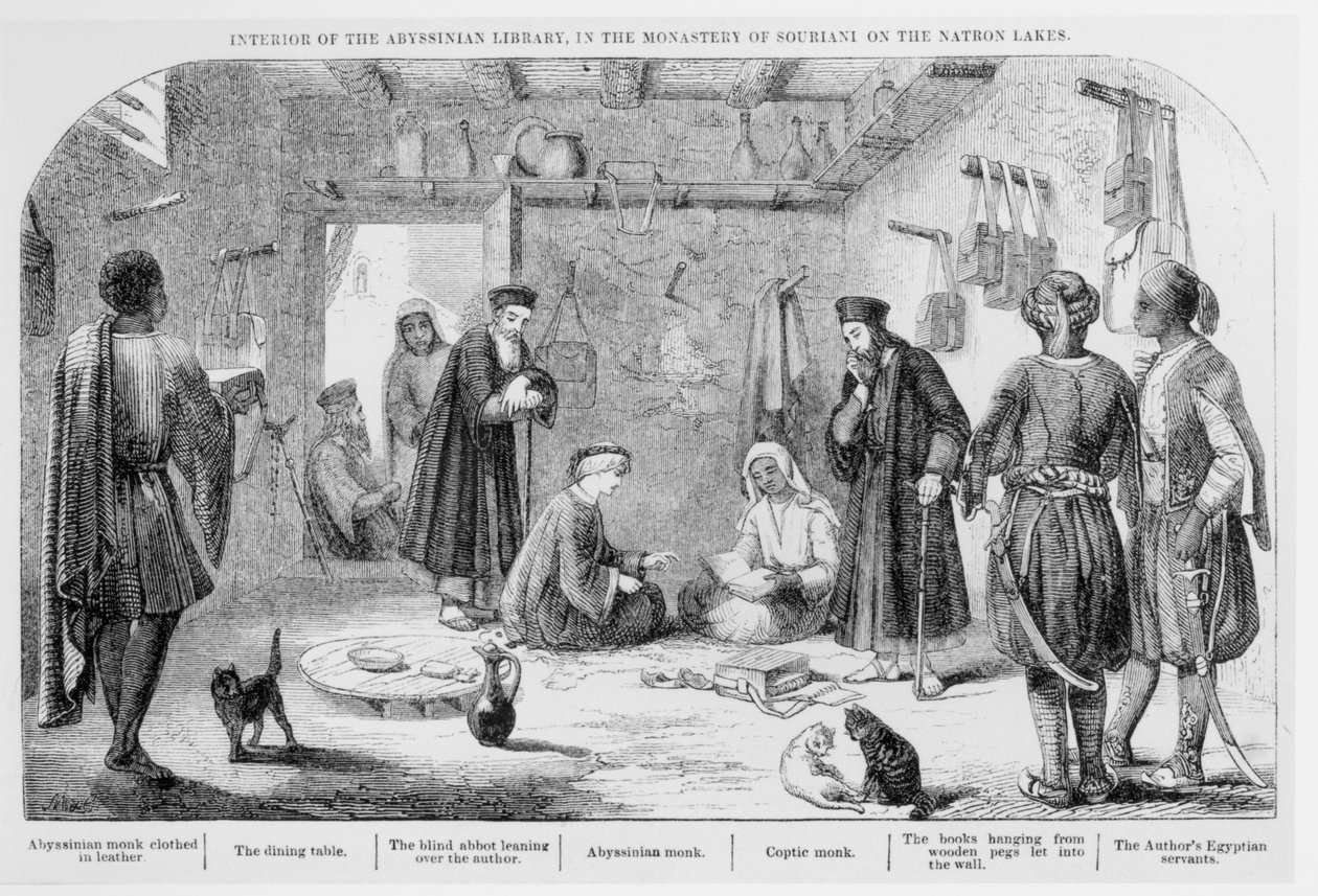 George Curzon inspecteert boeken in de Abessijnse bibliotheek in het klooster van Souriani, uit Visits to Monasteries in the Levant, gepubliceerd in 1849 door English School