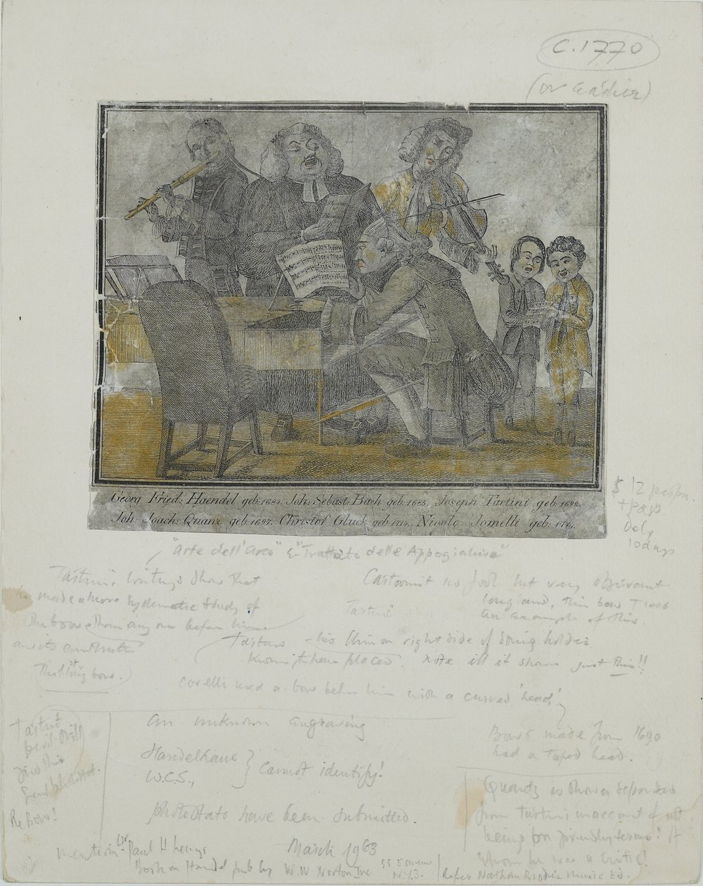 George Frideric Handel, Johann Sebastian Bach, Giuseppe Tartini, Johann Joachim Quantz, Christoph Gluck, Nicolo Jomelli, ca. 1750 (handgekleurde gravure) door English School