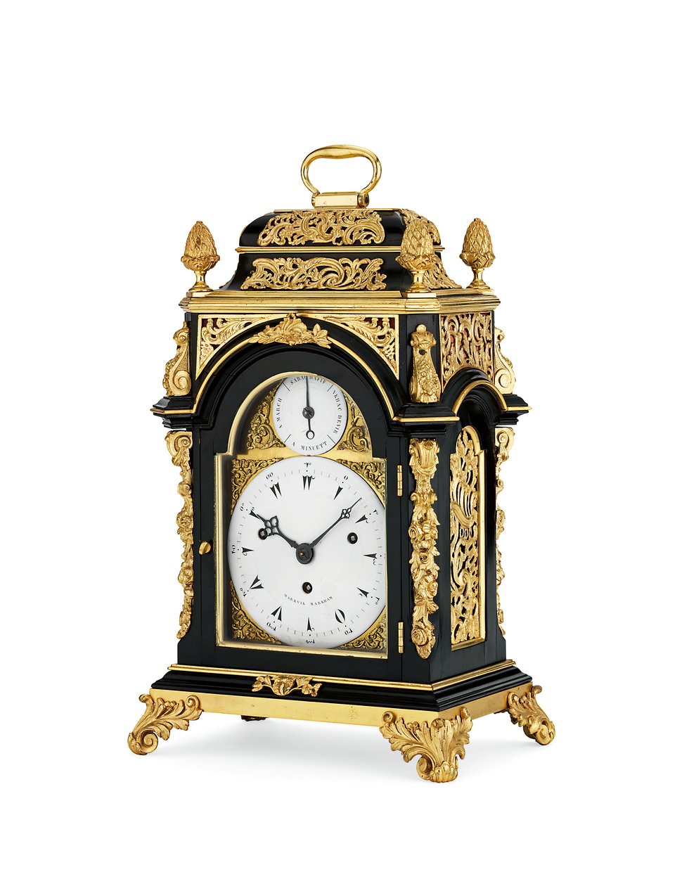 George III ormolu-gemonteerde eboniseerde slag- en muzikale acht-daagse tafelklok van kleine omvang, c.1765 door English School