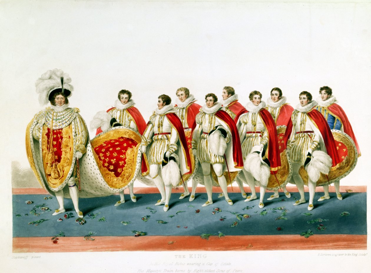 George IV in Kroningsgewaden met een Staatshoed, gegraveerd door E. Scrivenor, van een plaat door Sir George Naylor door English School