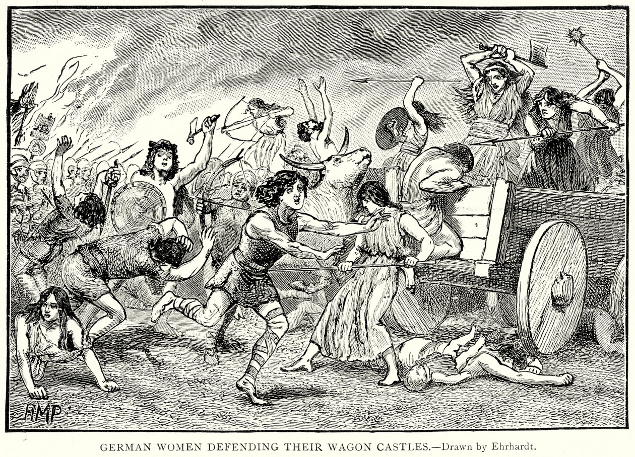 Duitse vrouwen verdedigen hun wagenkastelen (gravure) door English School