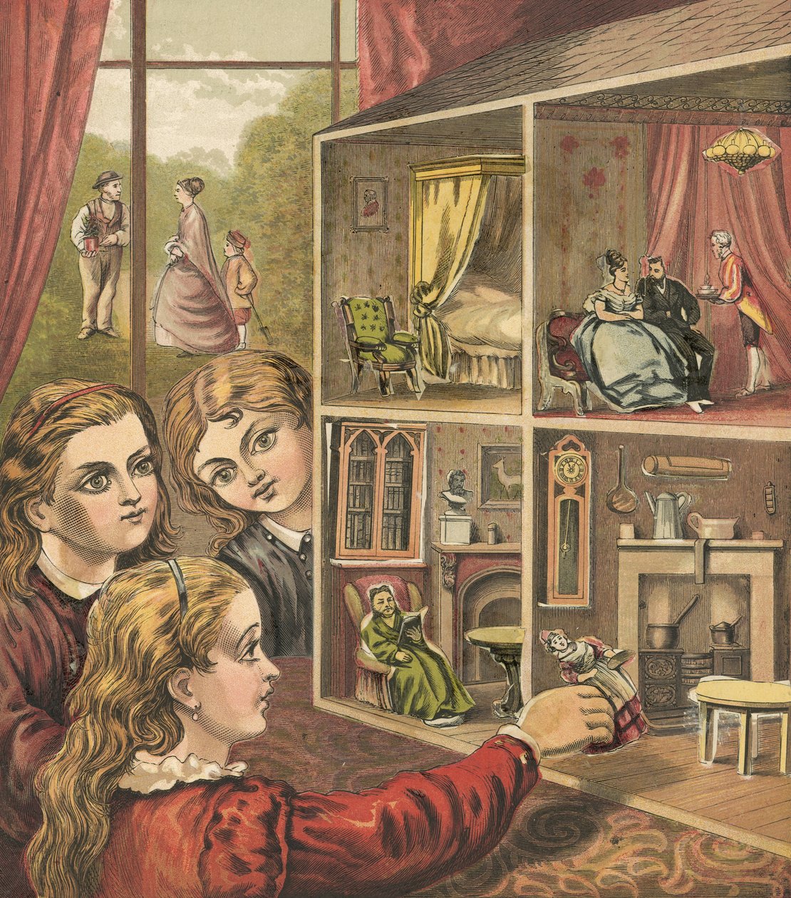 Meisjes spelen met een poppenhuis door English School